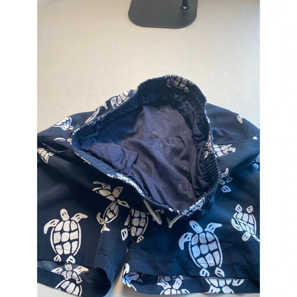Navy Blue Sea Turtle Print Swim Trunks Mens Mesh Lined Board Shorts